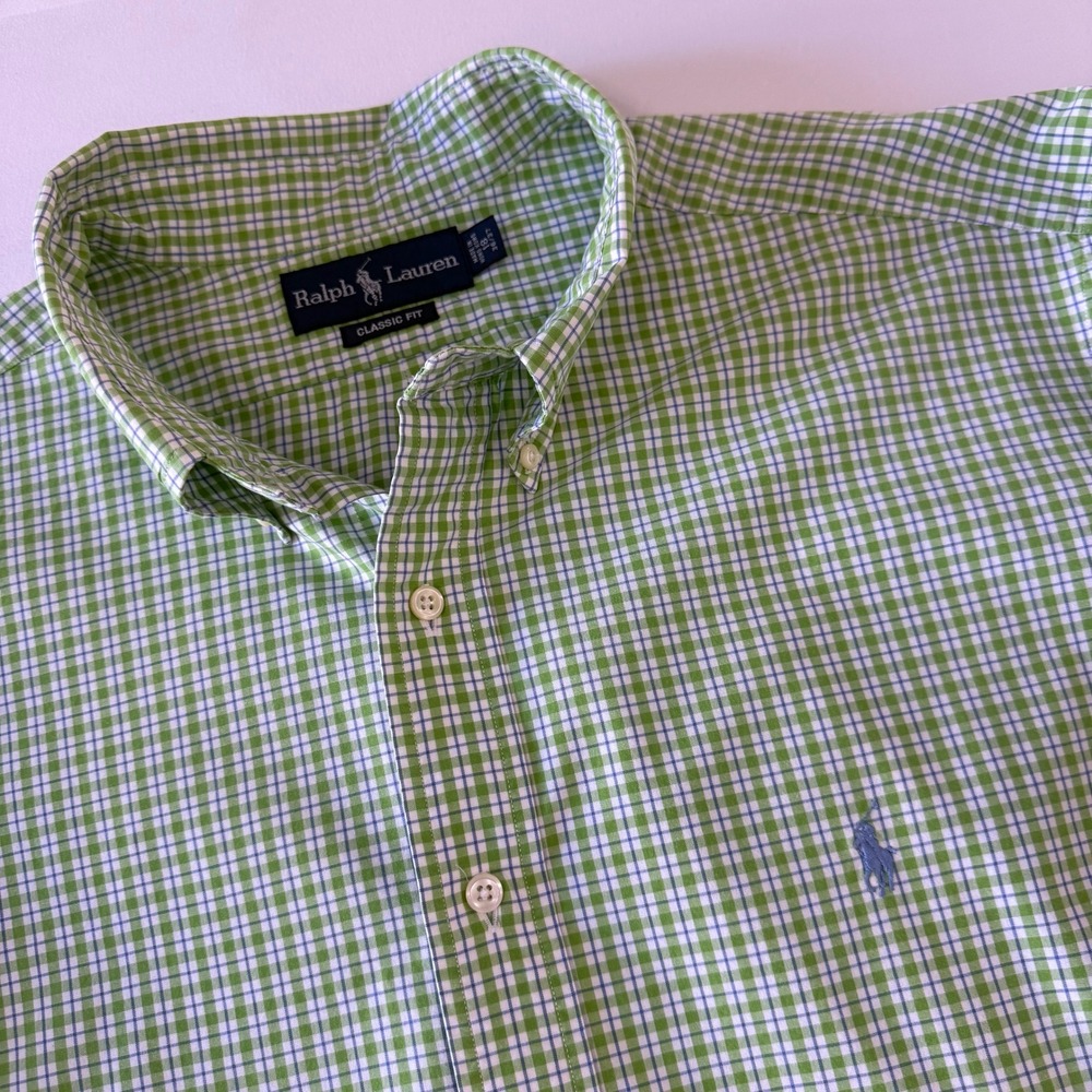 Ralph‎ Lauren Classic Fit Mens Green Gingham Button Down Shirt Polo Pony Logo